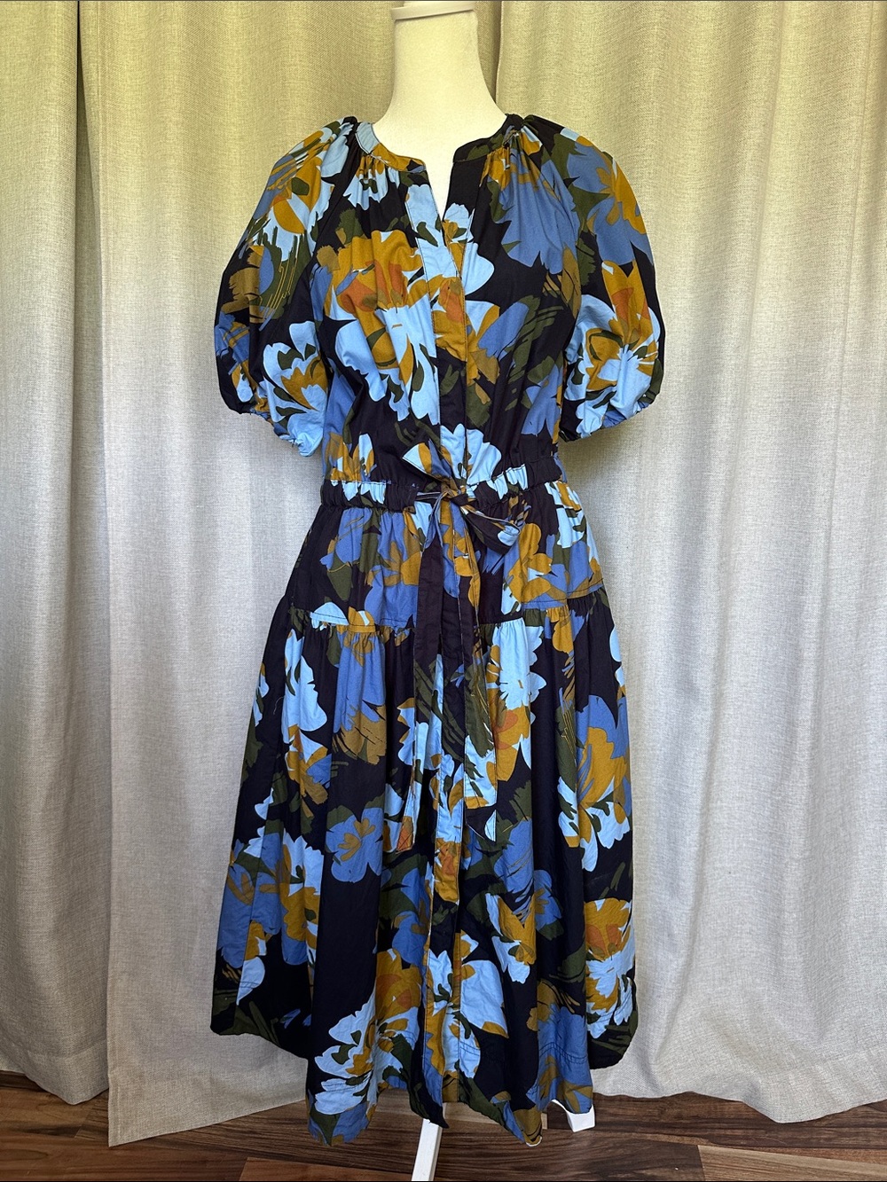 Blue and Mustard Floral Midi Dress with Puff Sleeves